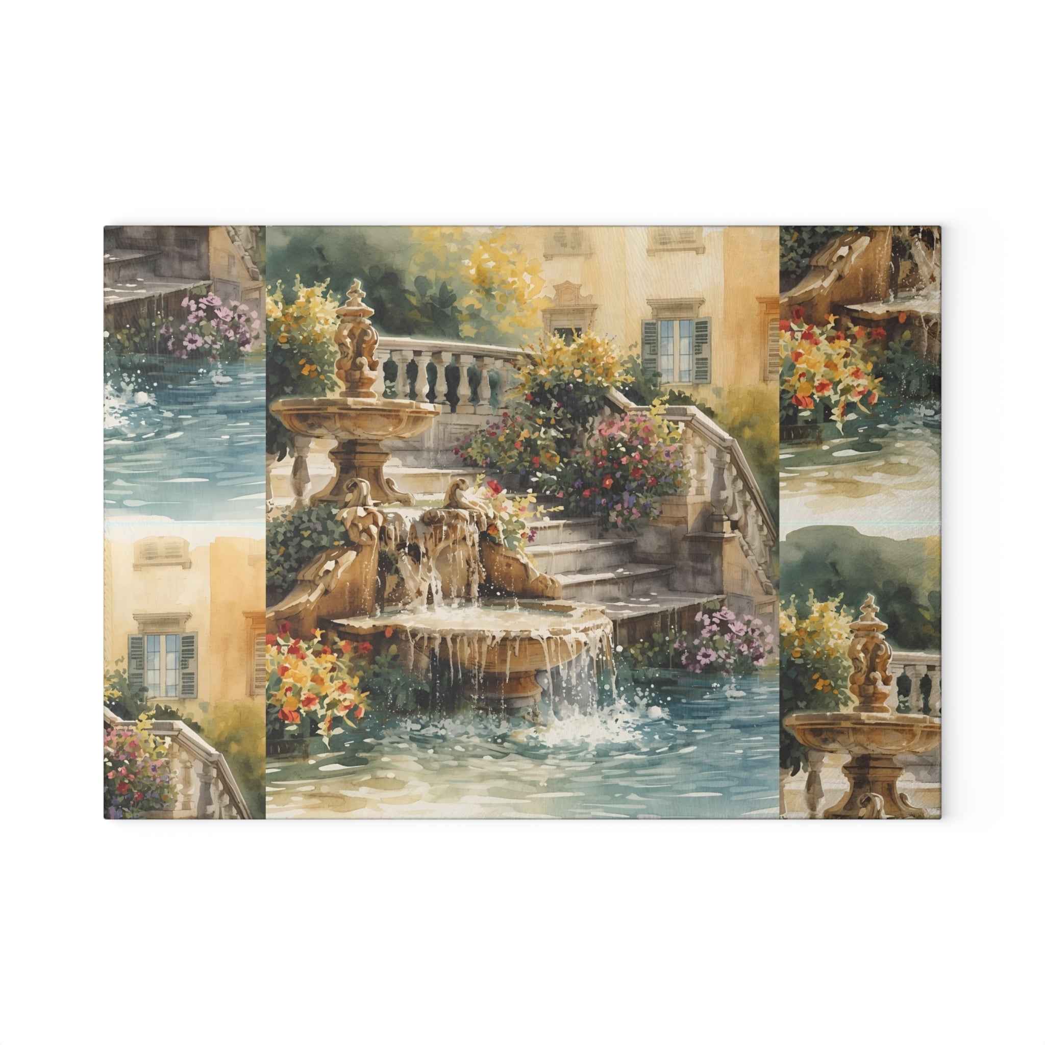 Elegant Tuscan Garden Fountain Glass Cutting Board